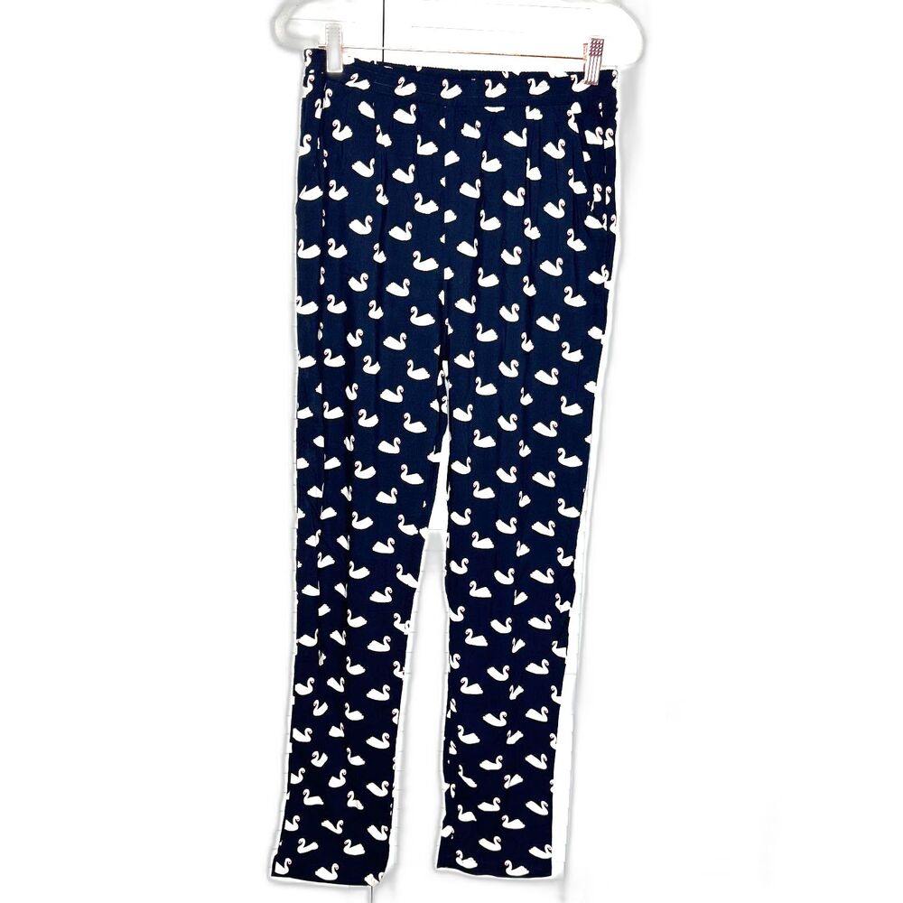Smashed Lemon Quirky Novelty Swan Print Navy Blue Pull on Pants Size M NWT